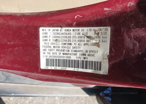 2005 Honda Cr-V Lx z USA, uszkodzony, nr VIN JHLRD68595C013689